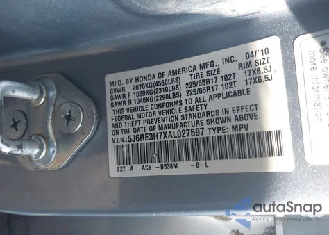 2010 Honda Cr-V Ex-L из США, поврежденный, VIN 5J6RE3H7XAL027597